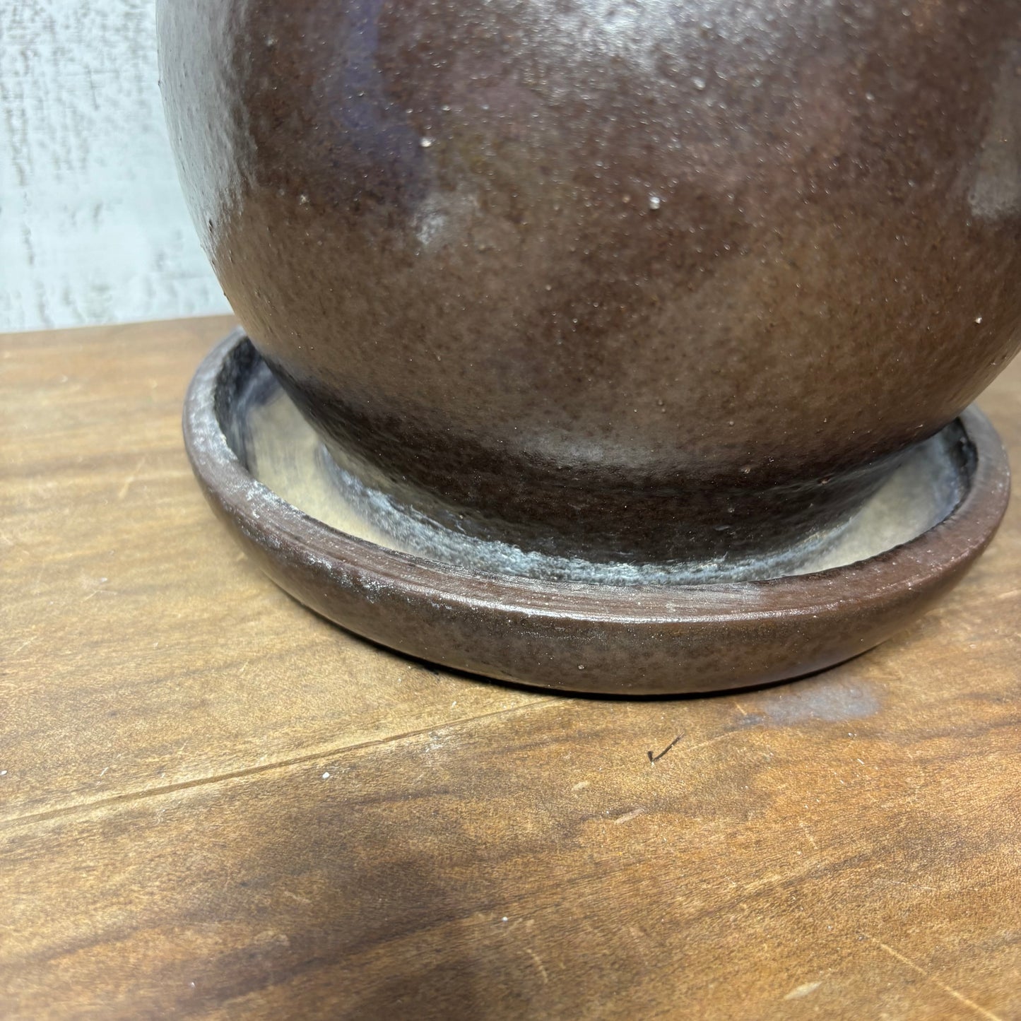 Brown Glaze Clay Pot W/ Attached Saucer