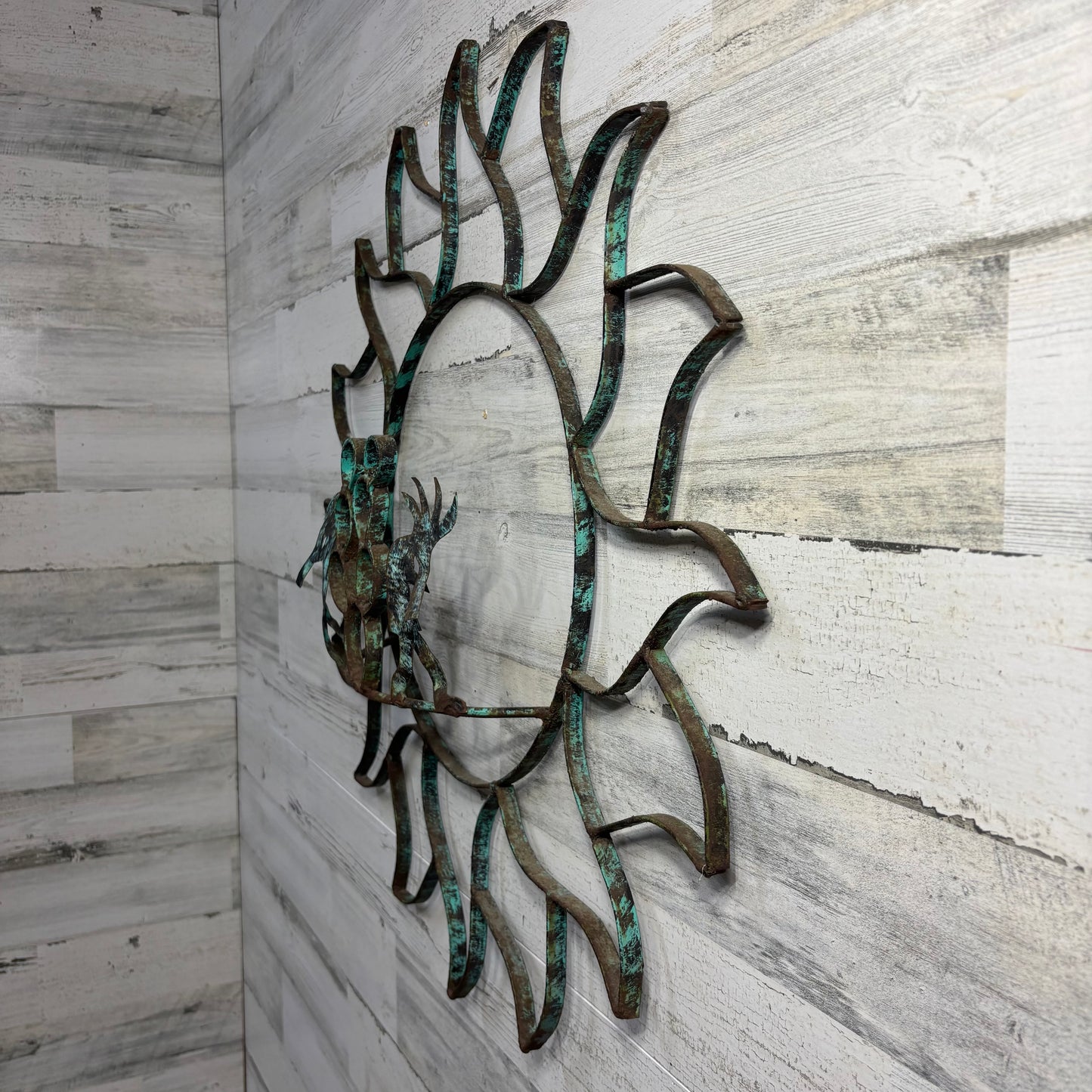 Vintage Sun Shaped Patina Metal Kokopelli Outdoor Decor