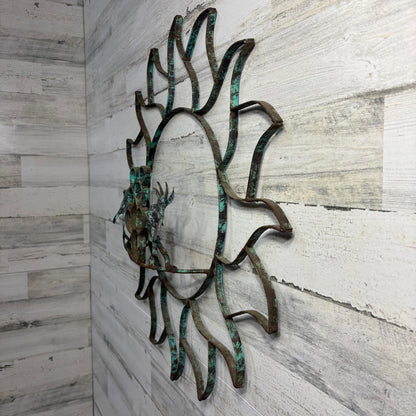 Vintage Sun Shaped Patina Metal Kokopelli Outdoor Decor