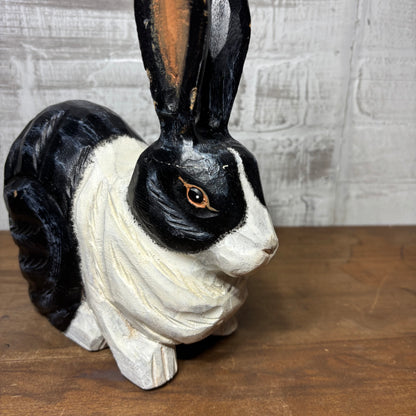 Hand Carved Black & White Rabbit Figurine