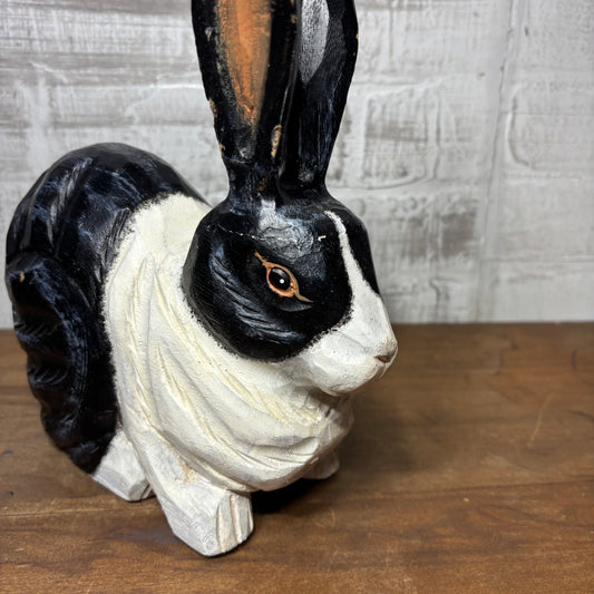 Hand Carved Black & White Rabbit Figurine