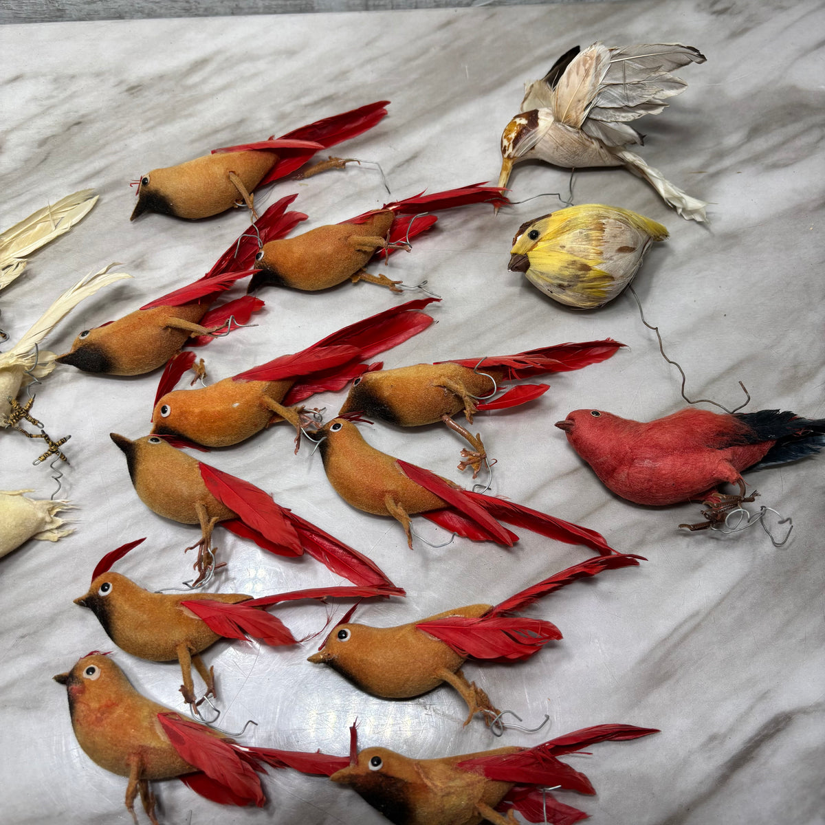 Vintage and Antique Feathered and Flocked Bird Ornament Lot