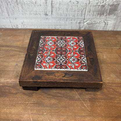 Vintage Square Red Tile Wooden Trivet