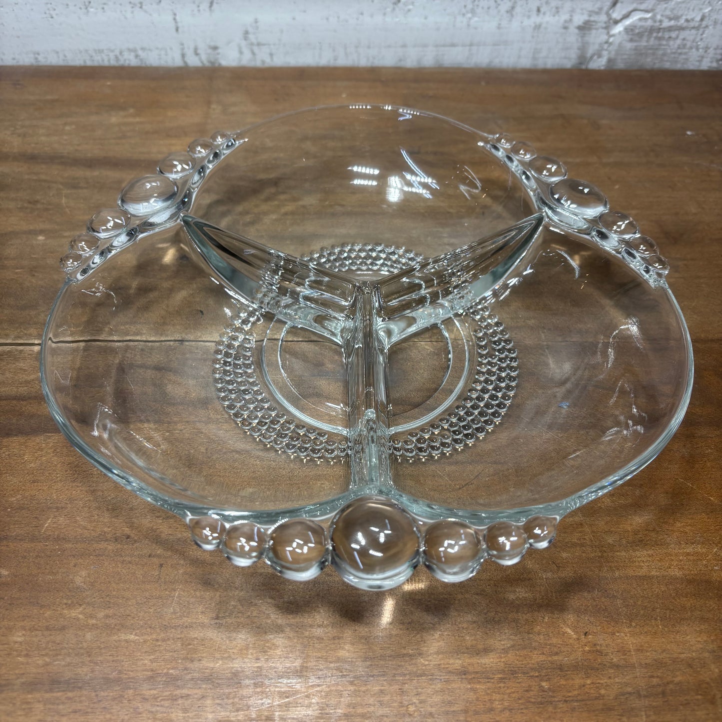 Duncan And Miller Glass “Tear Drop” 3 Section Candy Dish