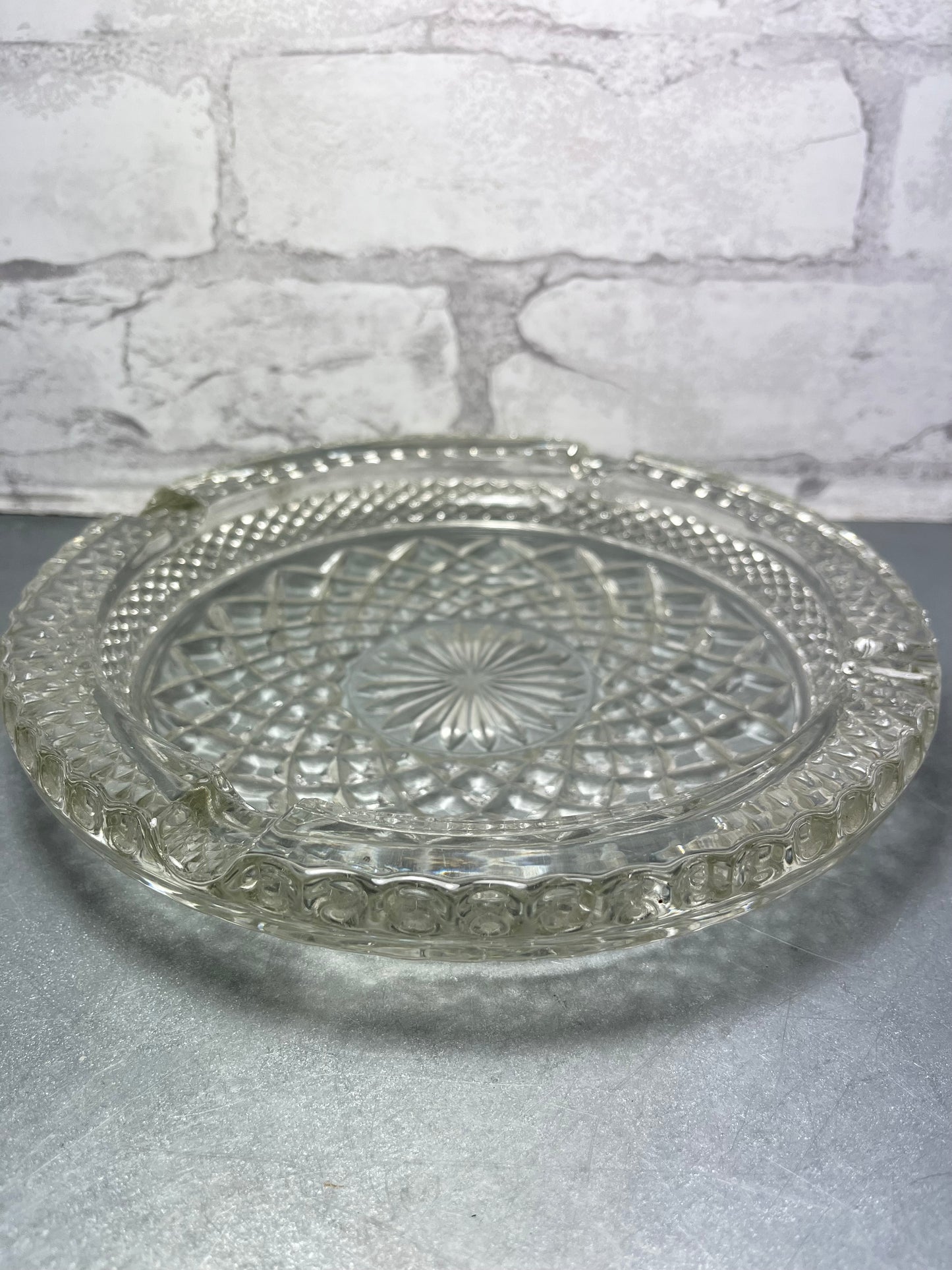 Vintage American 8 Cut Crystal Symmetric Flower Design Clear Cut Ashtray