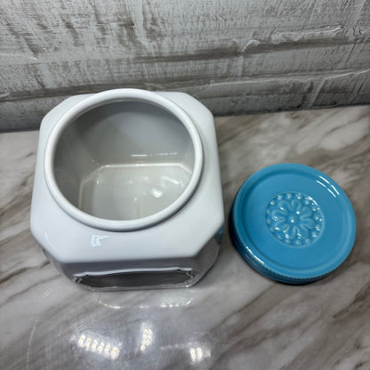 White Ceramic Canister W/ Blue Lid Chalkboard Label-Large