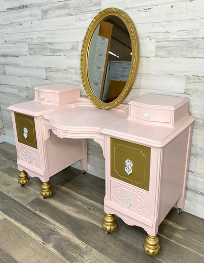Pink & Gold Antique Vanity Desk & Mirror