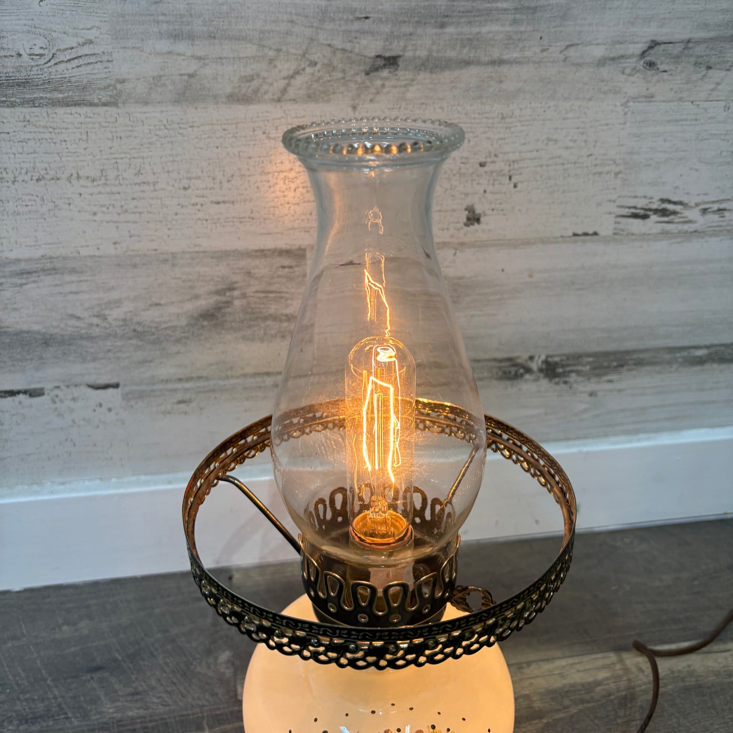 Vintage Floral Milk Glass Hurricane Lamp