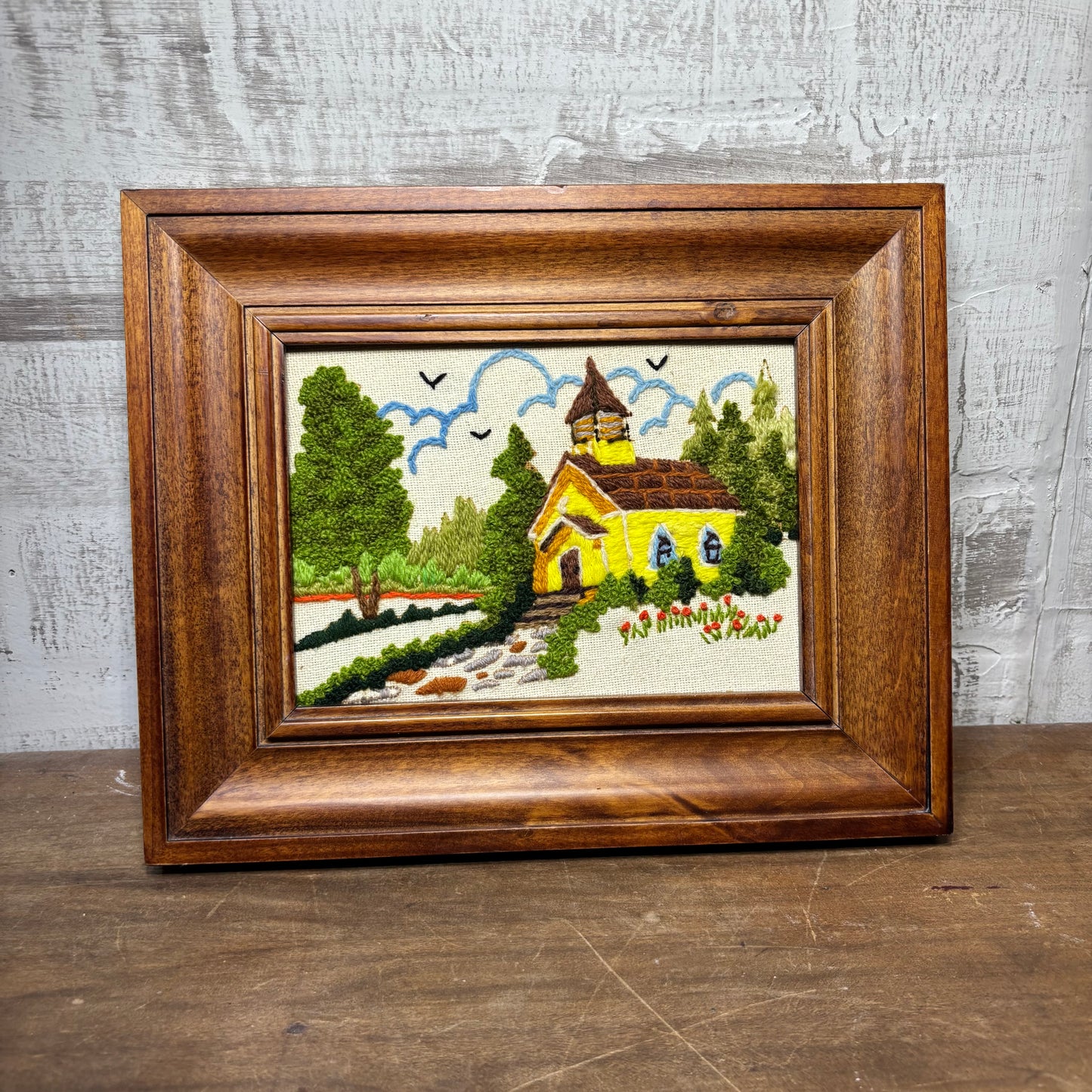 Vintage “Woodside Church” Crewel Framed Embroidery
