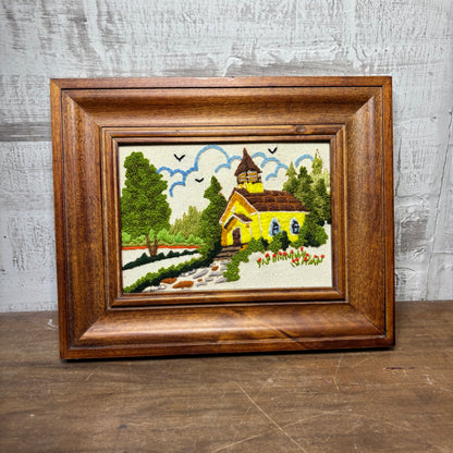 Vintage “Woodside Church” Crewel Framed Embroidery