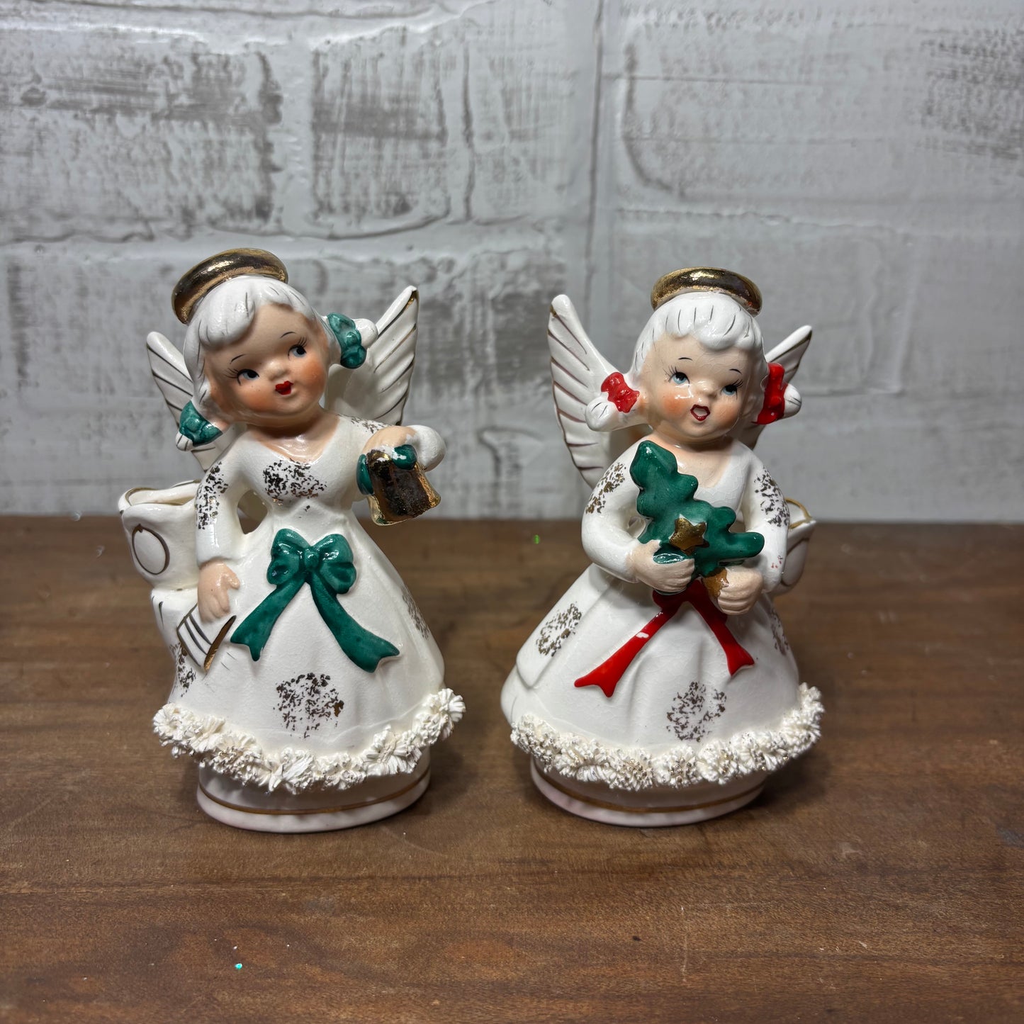 Vintage Ucagco Spaghetti Trim Angel Candle Holder Set