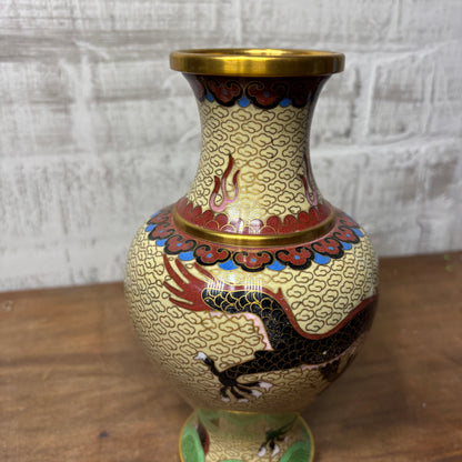 Vintage Cloisonné Asian Dragon Design Brass Vase