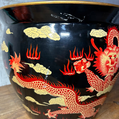 Rare Bombay Oriental Red Gold & Black Dragon Porcelain Fishbowl Planter Pot