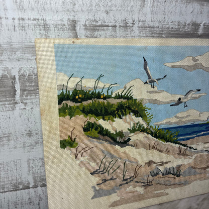 Vintage Signed Coastal Beach Scene Cross Stitch Panel