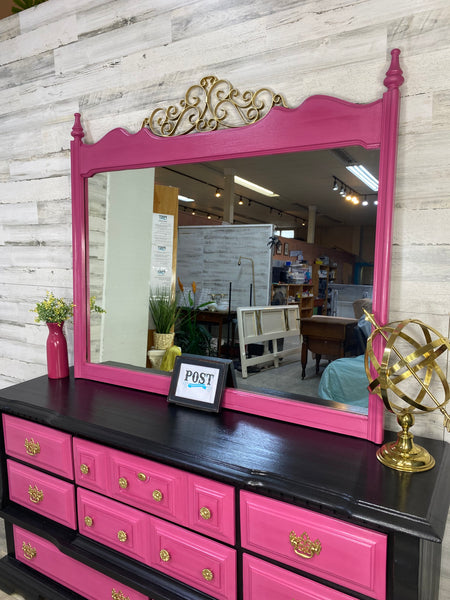 Hot Pink & Black Dresser W/ Mirror