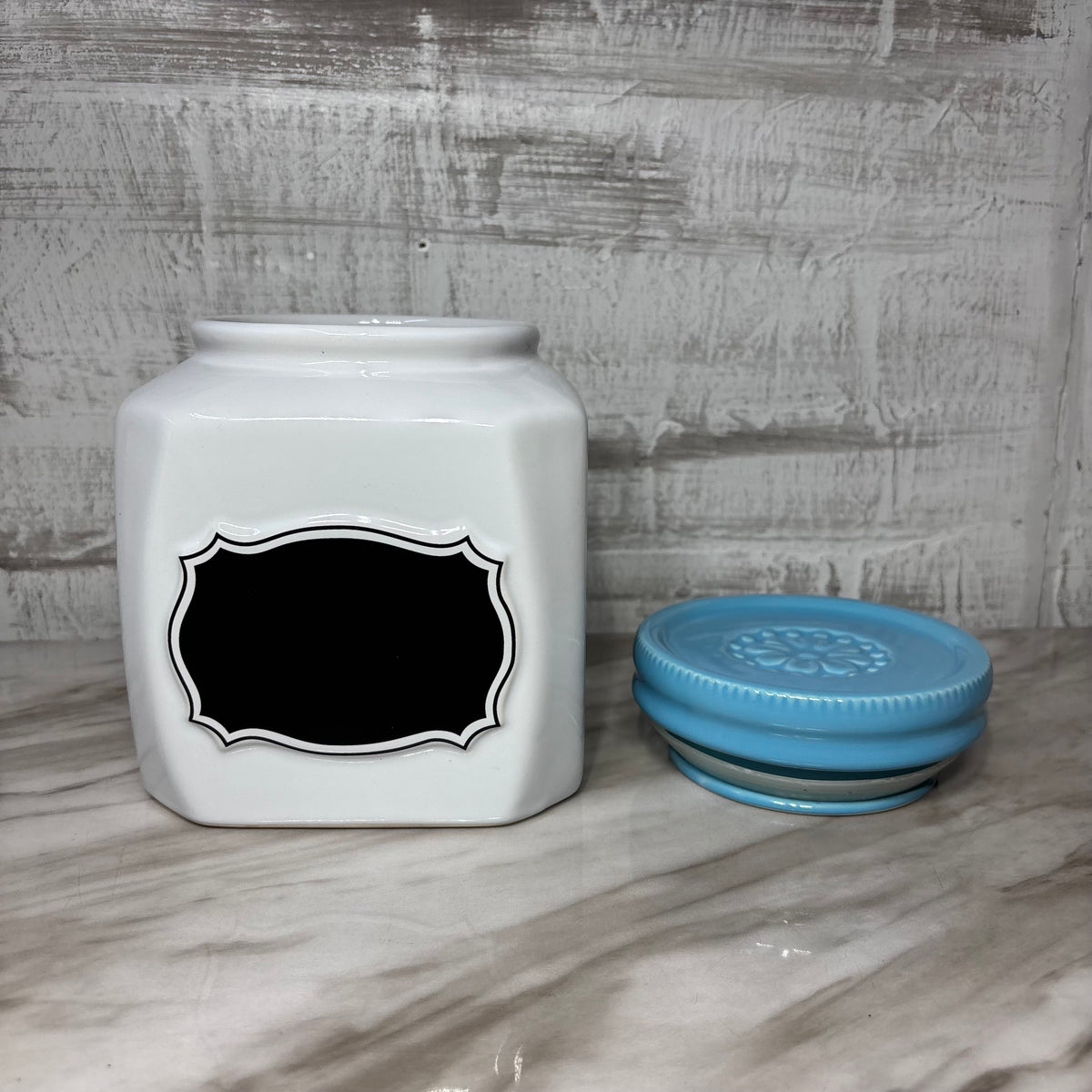 White Ceramic Canister W/ Blue Lid Chalkboard Label-Large