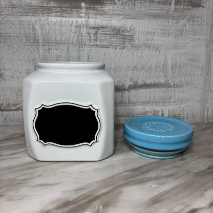 White Ceramic Canister W/ Blue Lid Chalkboard Label-Large