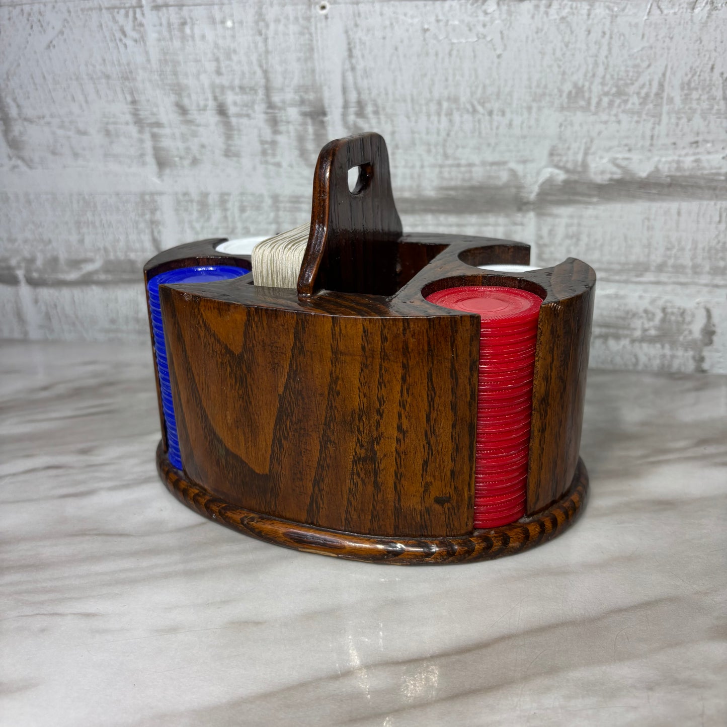 Vintage Oval Wooden Poker Chip Card Holder Caddy