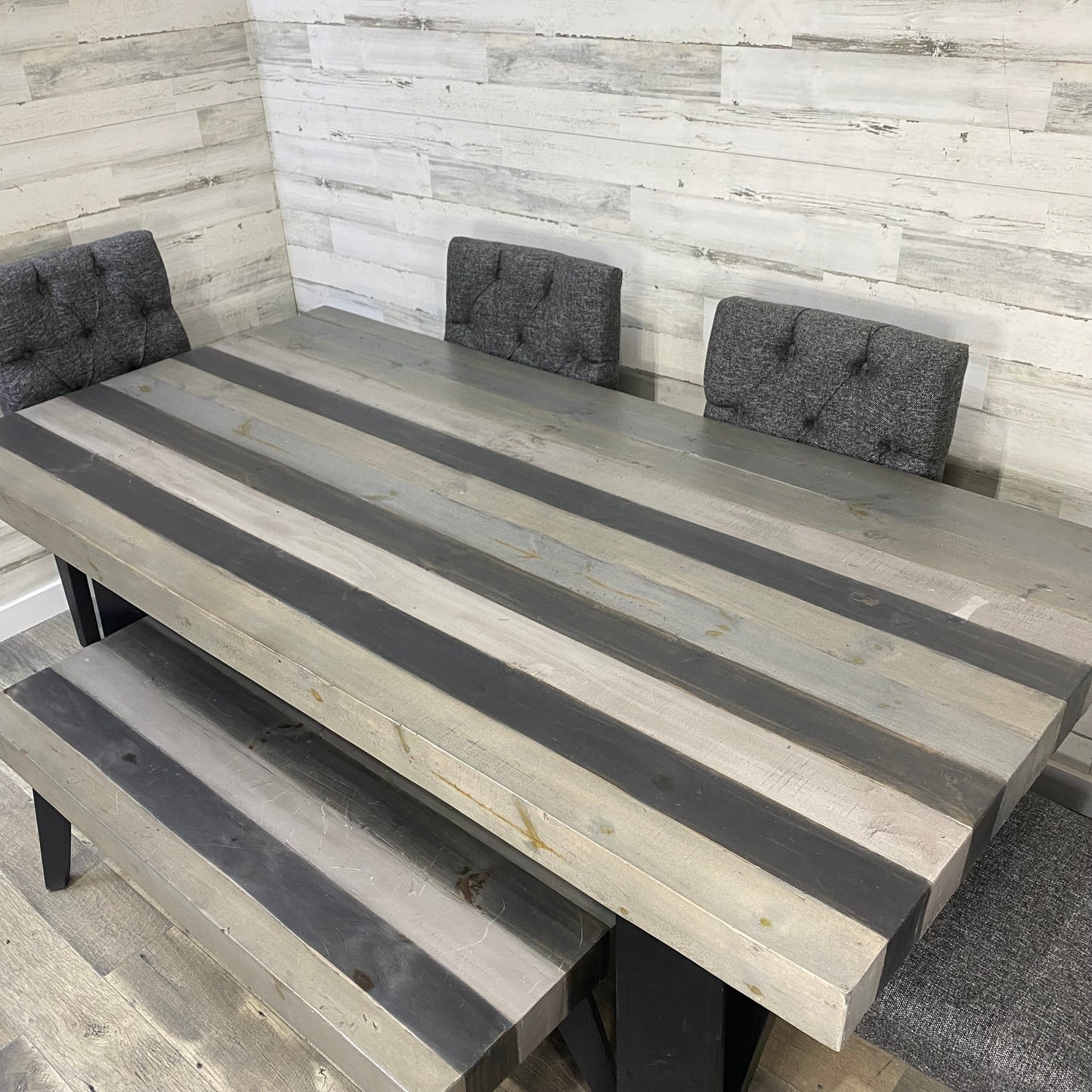 Rustic Dining Set Gray & Black Stripe Table