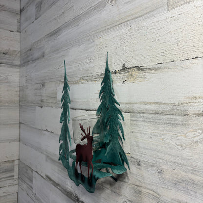 Homco Green Metal Elk/Deer Tree Candle Sconce
