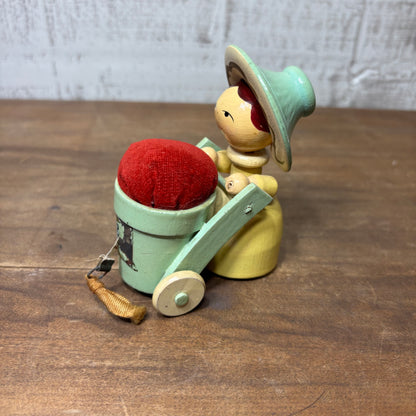 Vintage Wood Figure Pushing Cart Pin Cushion Tape Measure