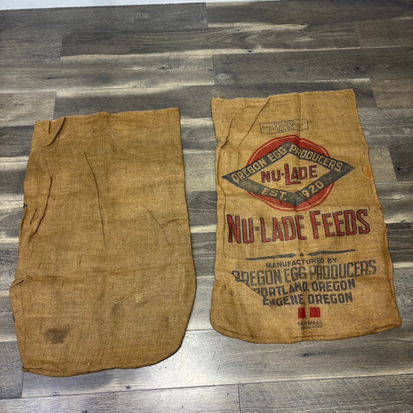 Two Vintage Burlap Sacks Oregon Egg Production "Nu-Lade Feeds"