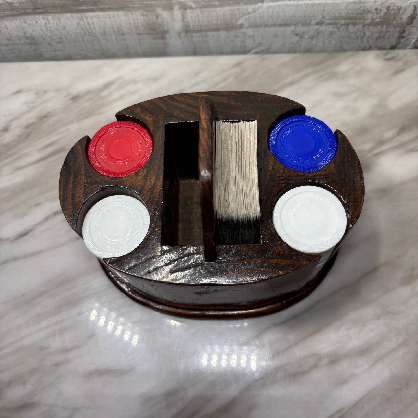 Vintage Oval Wooden Poker Chip Card Holder Caddy