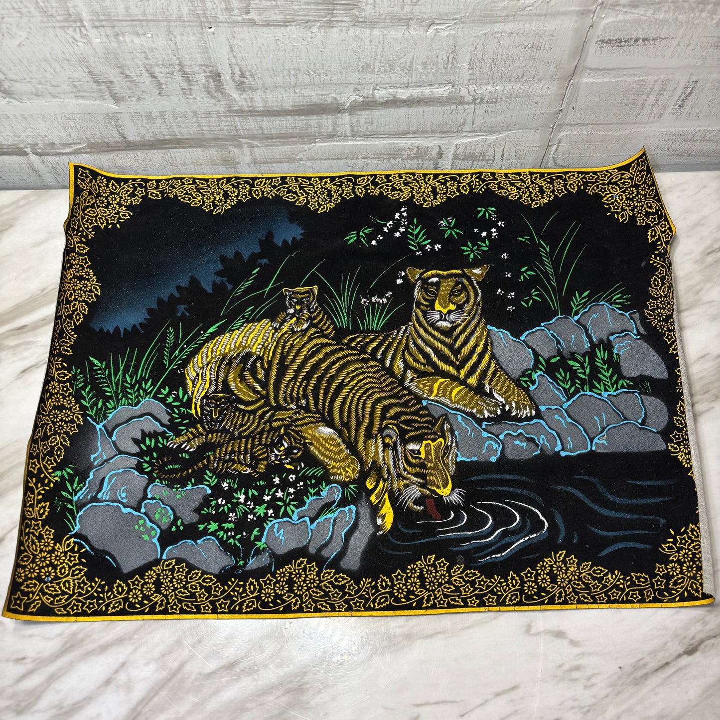 Vintage Black Velvet Tiger By Water Stream Tapestry