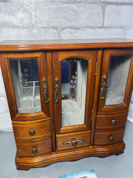 Vintage Wood Jewelry Box Hutch With Glass Doors