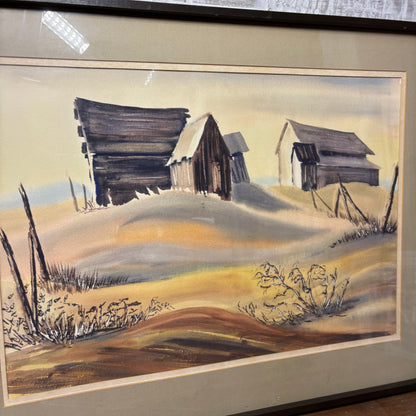 Vintage Matted "Quiet Prairie Homestead" Art Framed Art
