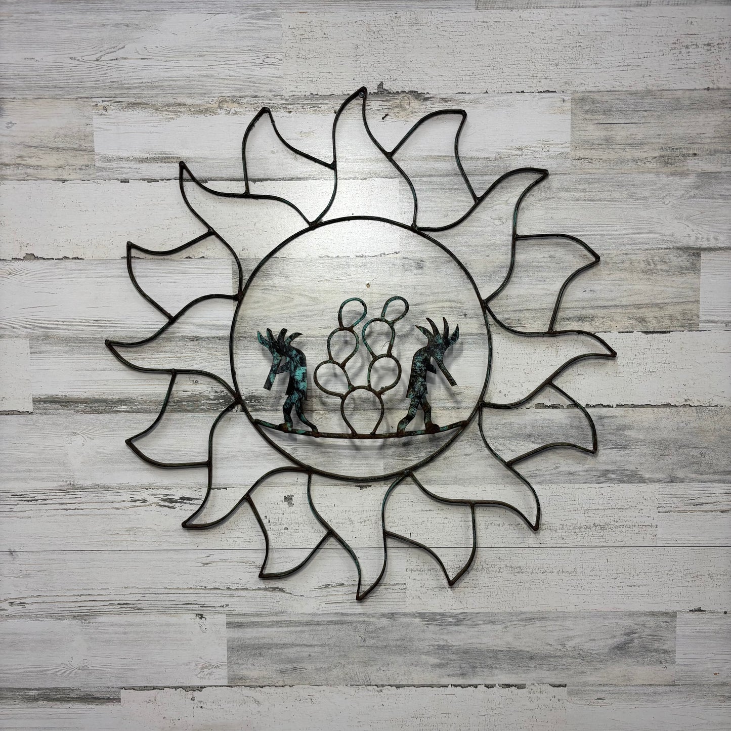 Vintage Sun Shaped Patina Metal Kokopelli Outdoor Decor