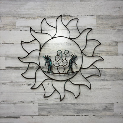 Vintage Sun Shaped Patina Metal Kokopelli Outdoor Decor