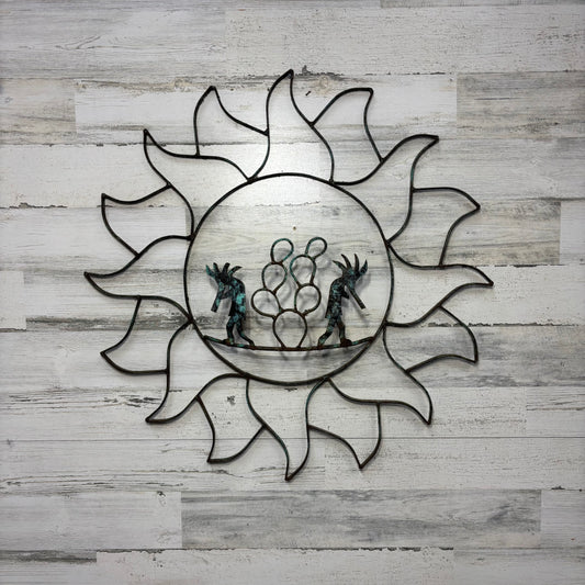 Vintage Sun Shaped Patina Metal Kokopelli Outdoor Decor