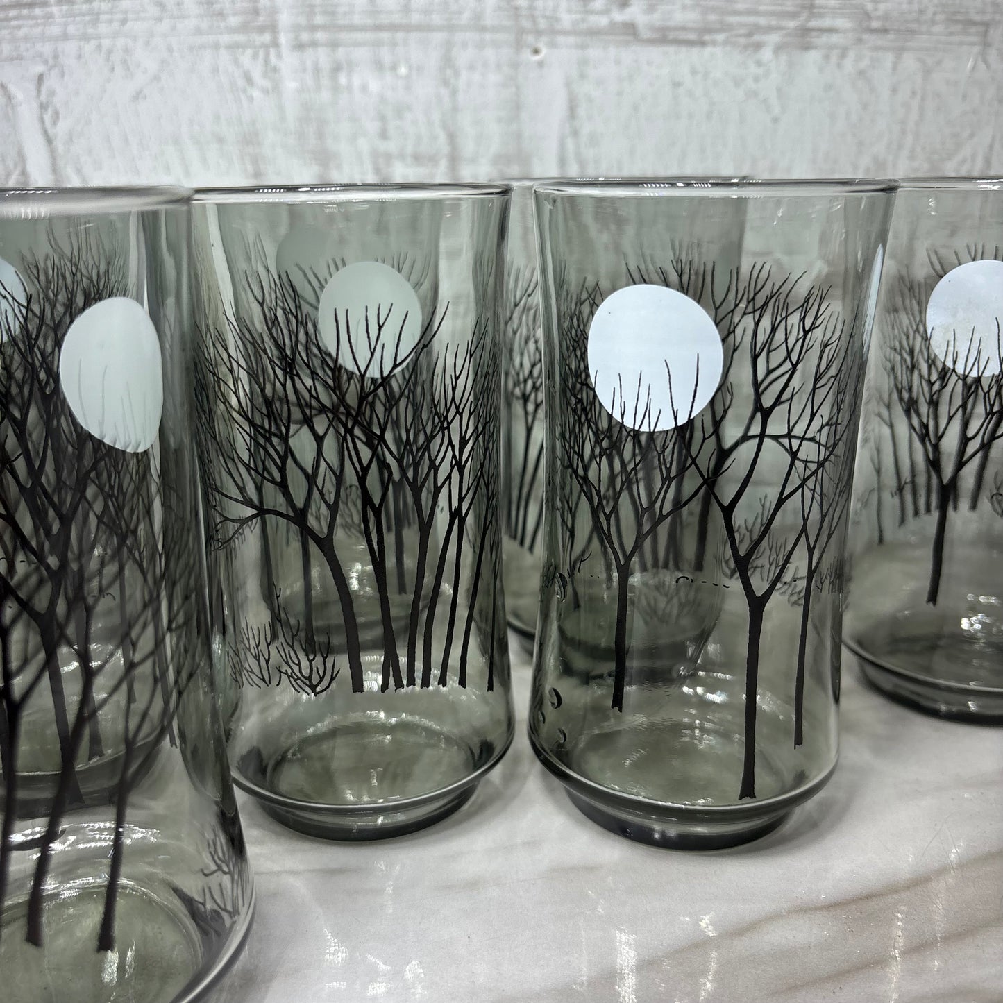 Smoked Gray Black Tree Moon Design Set Of 8 Glasses