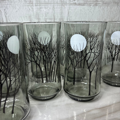 Smoked Gray Black Tree Moon Design Set Of 8 Glasses