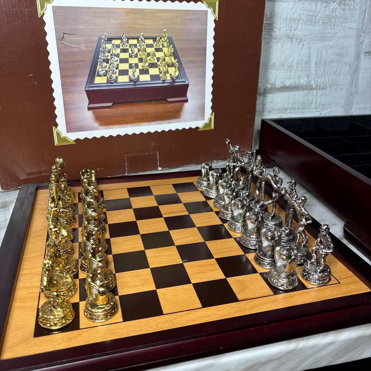 Vintage Merkury Gaming Baseball Chess Set with Wooden Storage Box