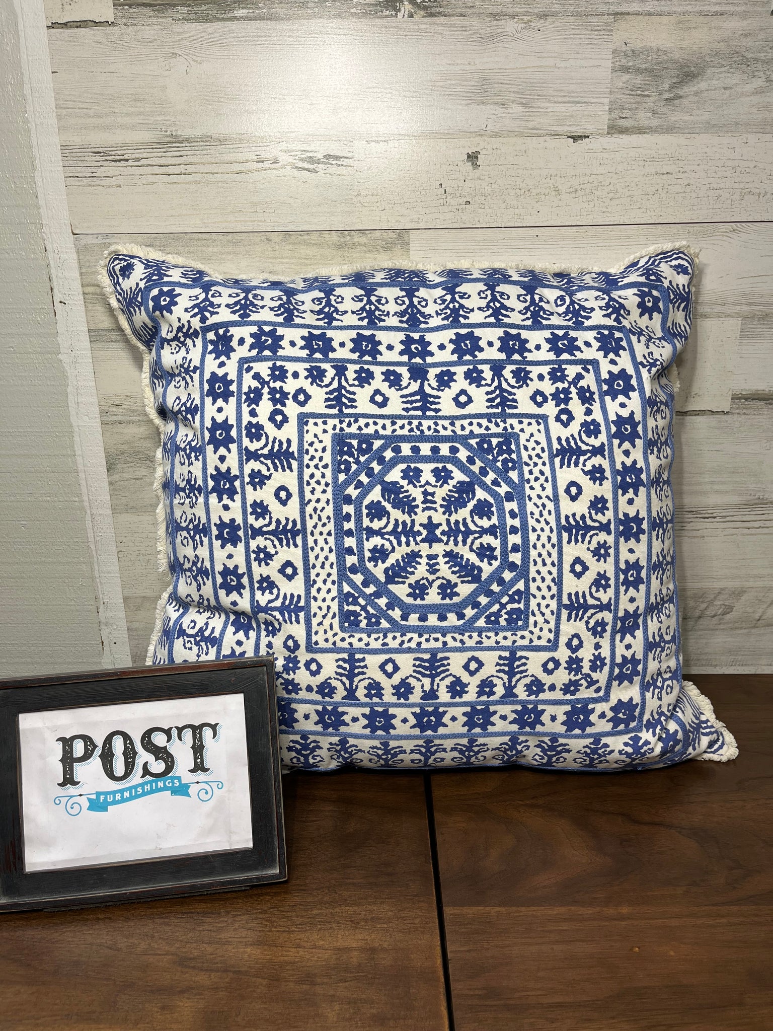 Blue Block Print Large Throw Pillow