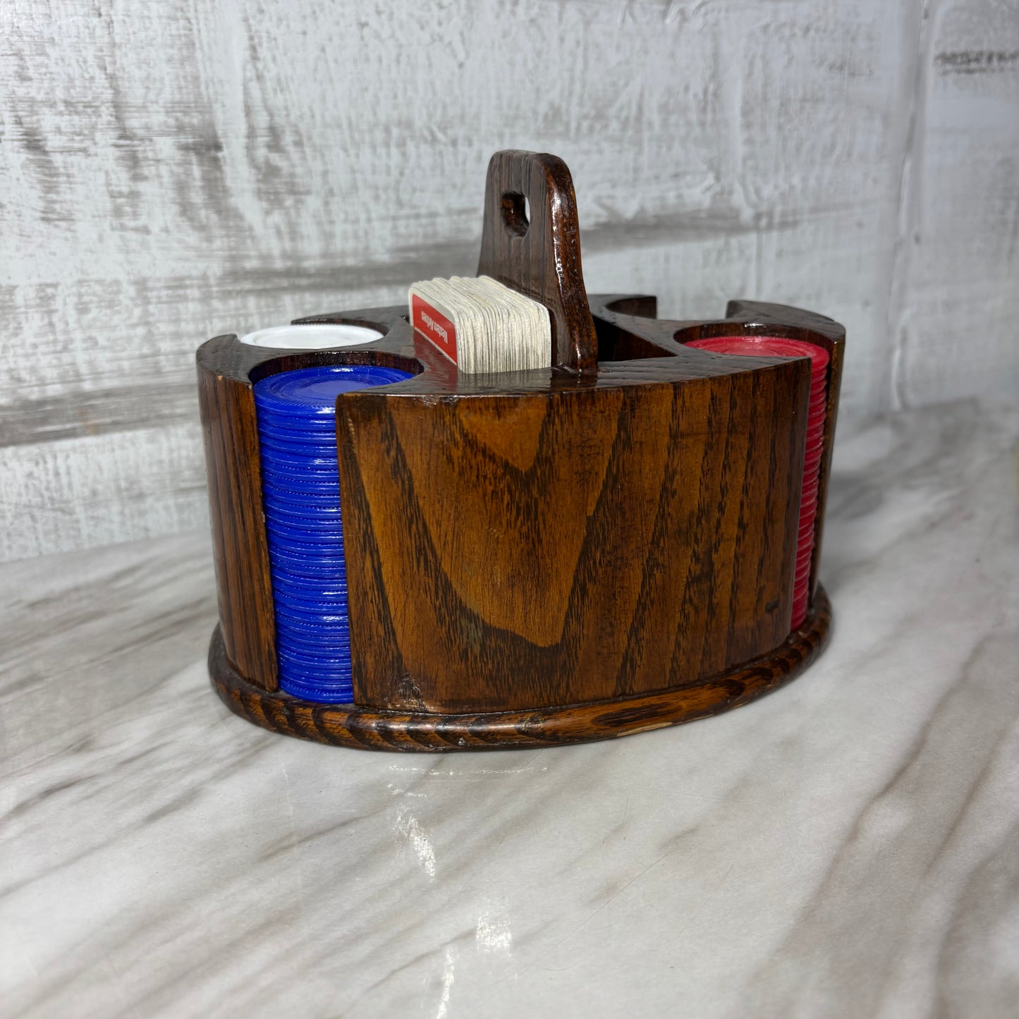 Vintage Oval Wooden Poker Chip Card Holder Caddy