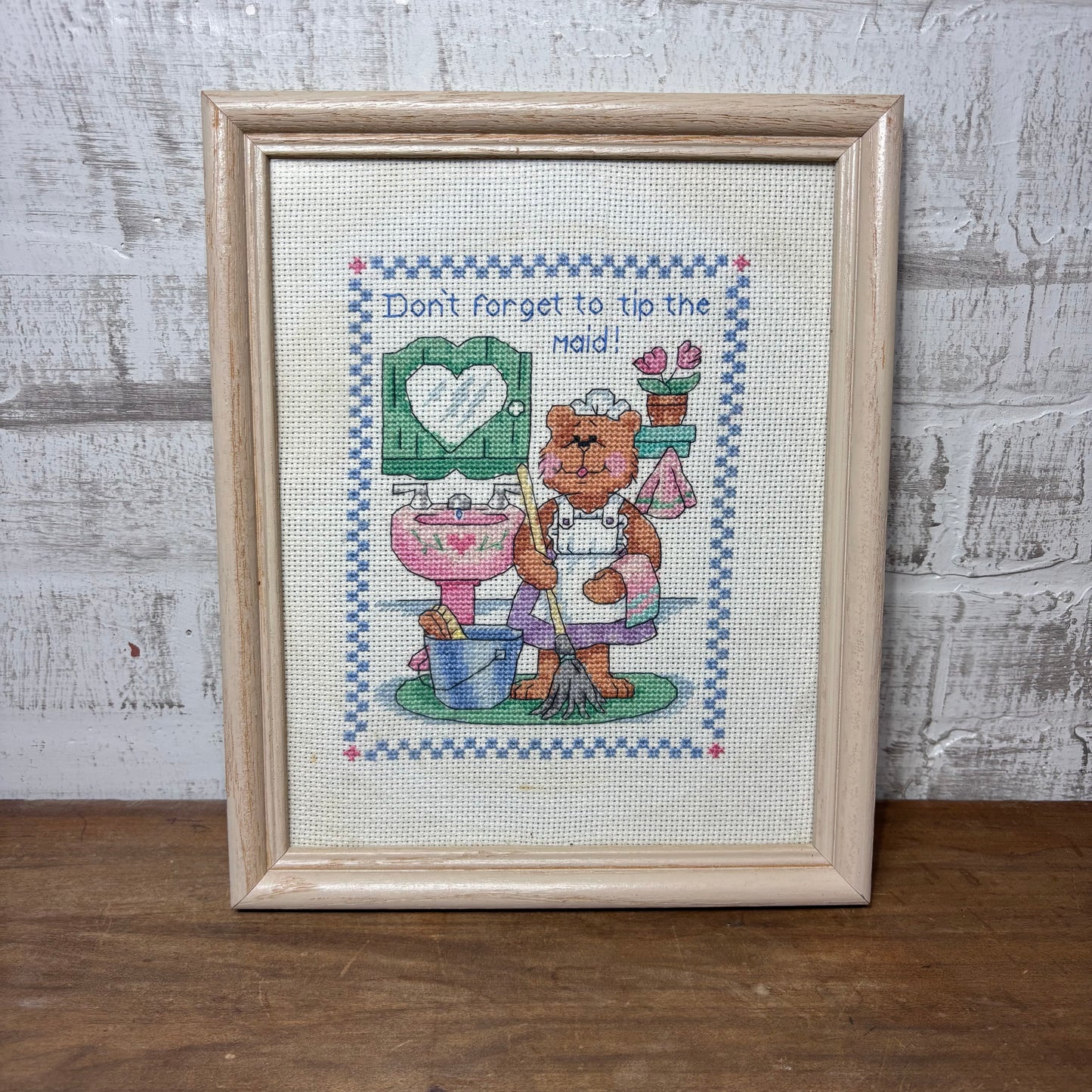 Hand Made Cross Stitched "Don't Forget To Tip The Maid" Wall Art