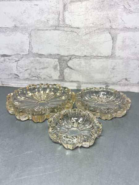 Vintage Set Three Stacking Clear Glass Fluted Ash Trays