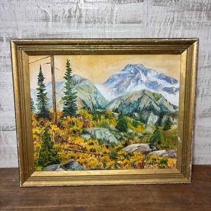 Vintage Mountain Landscape with Pines Framed Original Painting