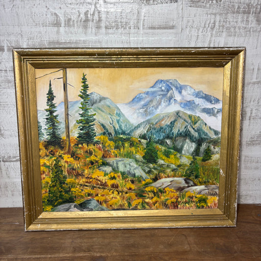 Vintage Mountain Landscape with Pines Framed Original Painting