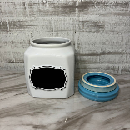 Small White Ceramic Canister W/ Blue Lid Chalkboard Label