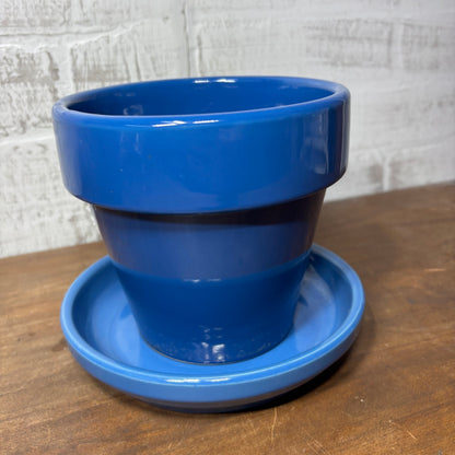 Blue Ceramic Planter Pot W/ Saucer