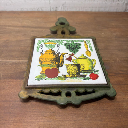 Vintage Cast Iron Tile Trivet Coffee Teapot Design
