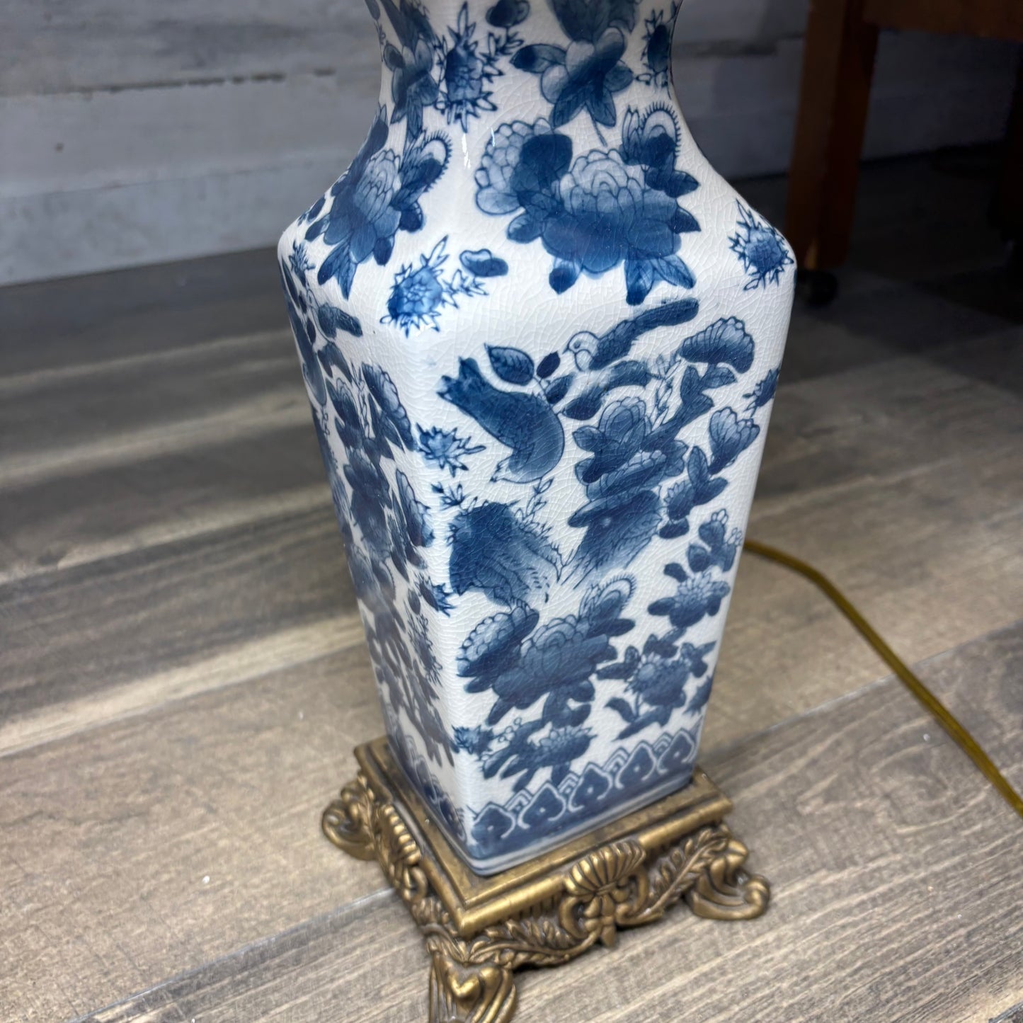 White And Blue Floral Porcelain Square Bottom Table Lamp