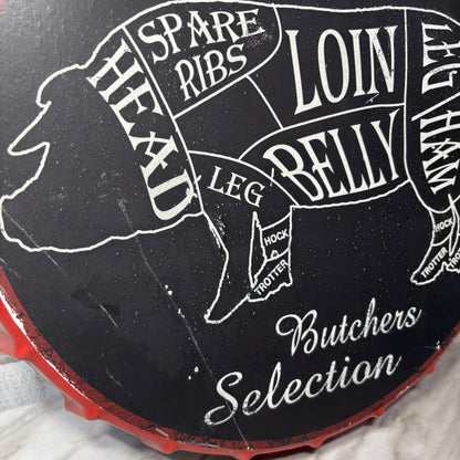 Farmhouse Butchers Pig Metal Bottle Cap Shaped Sign
