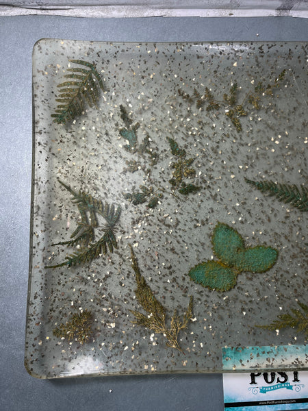 Vintage Lucite Dried Botanical Iridescent Gold Flake Tray