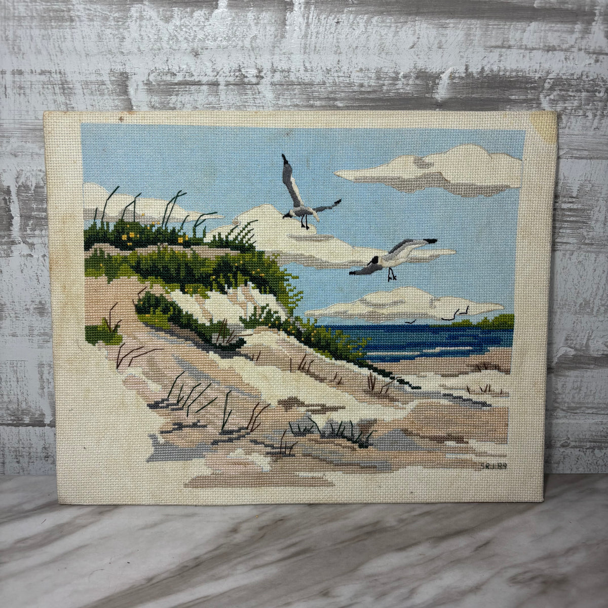 Vintage Signed Coastal Beach Scene Cross Stitch Panel