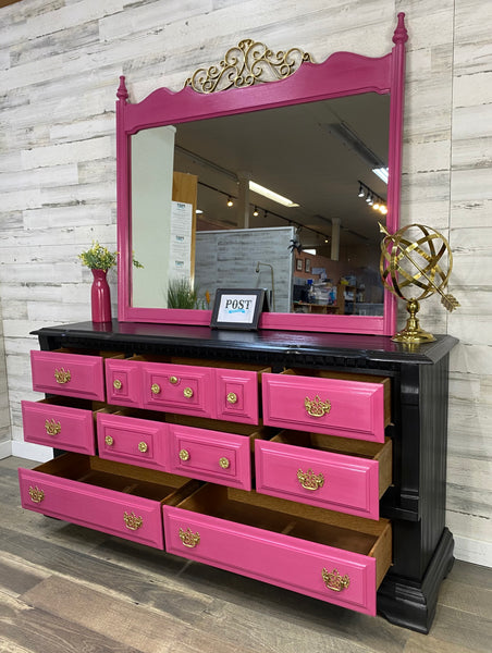 Hot Pink & Black Dresser W/ Mirror